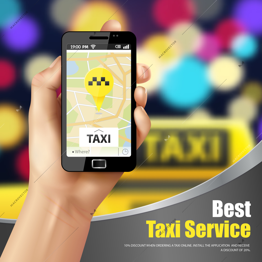 Taxi service mobile application with transport symbols realistic  vector illustration