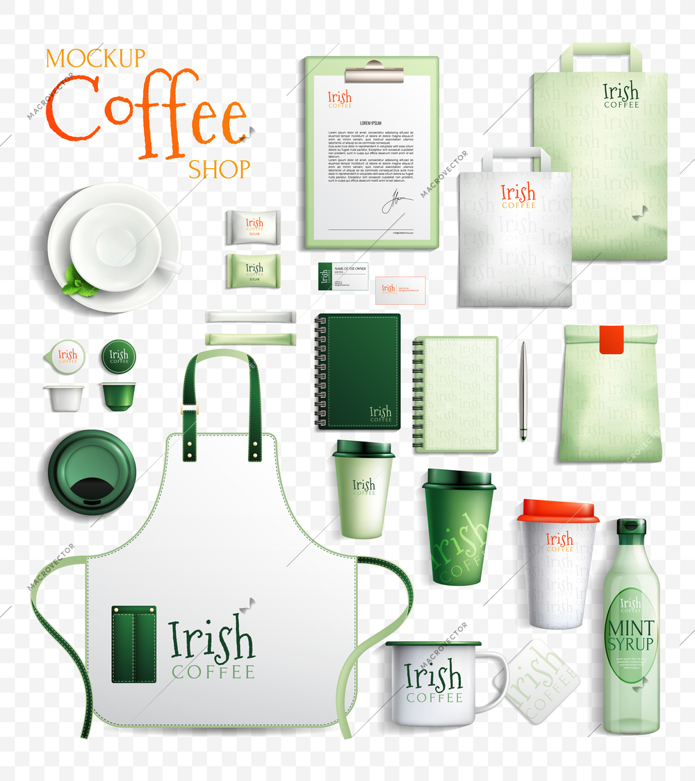 Mockup coffee shop design essentials set with isolated images of organic irish coffeeshop branded products vector illustration