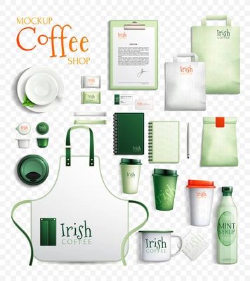 Mockup coffee shop design essentials set with isolated images of organic irish coffeeshop branded products vector illustration