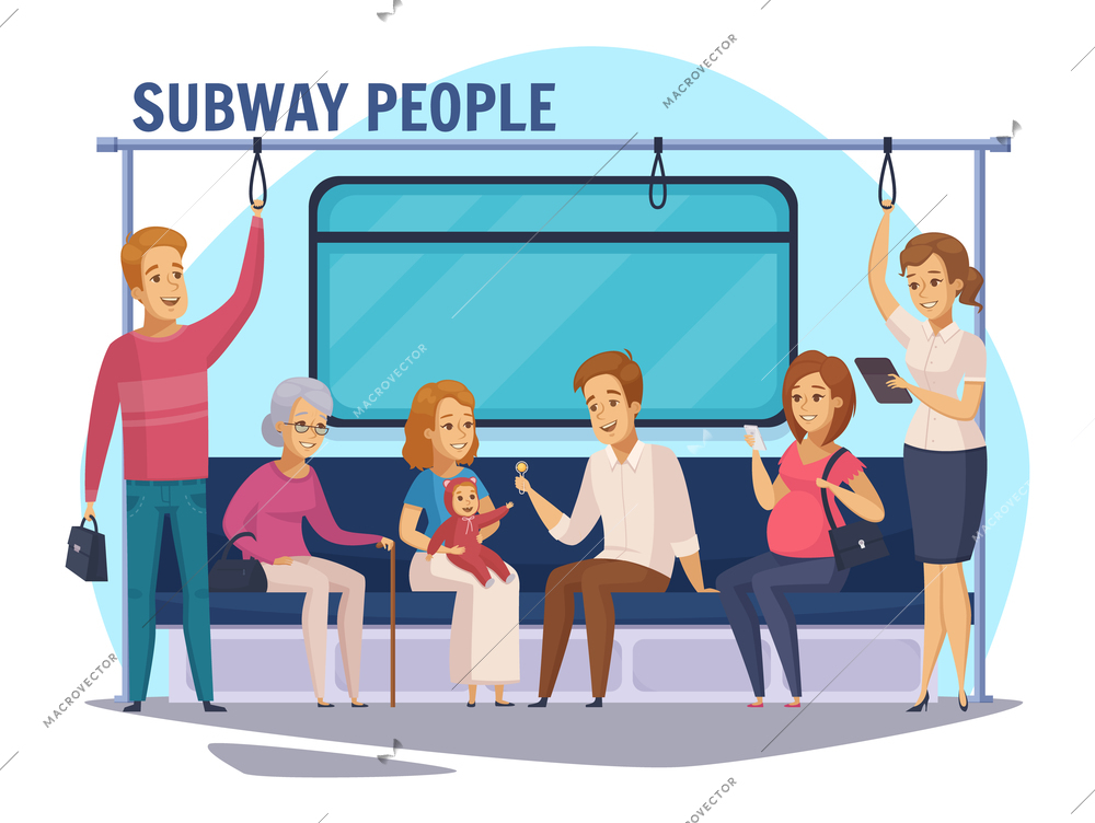 Subway commuters sitting and standing in underground train with family and old woman cartoon composition vector illustration