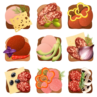 Realistic sausage sandwich set with bread and vegetables isolated vector illustration