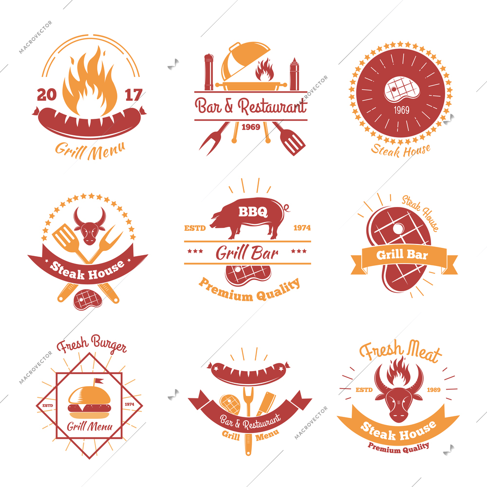 Steakhouse vintage emblems set of nine isolated flat images of fresh meat burgers sausages and text vector illustration