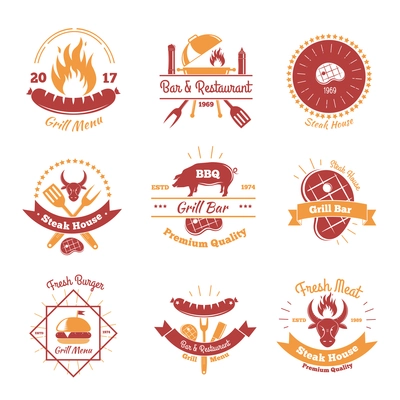 Steakhouse vintage emblems set of nine isolated flat images of fresh meat burgers sausages and text vector illustration