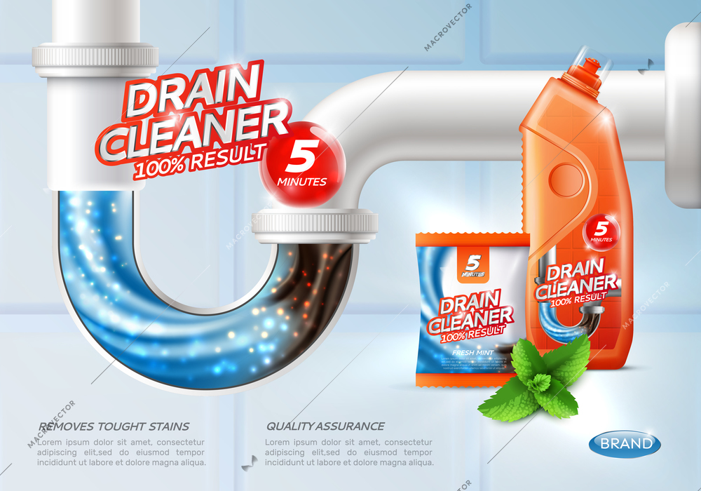 Drain cleaner poster ad with conceptual image of flush tough stains being washed away and product package vector illustration