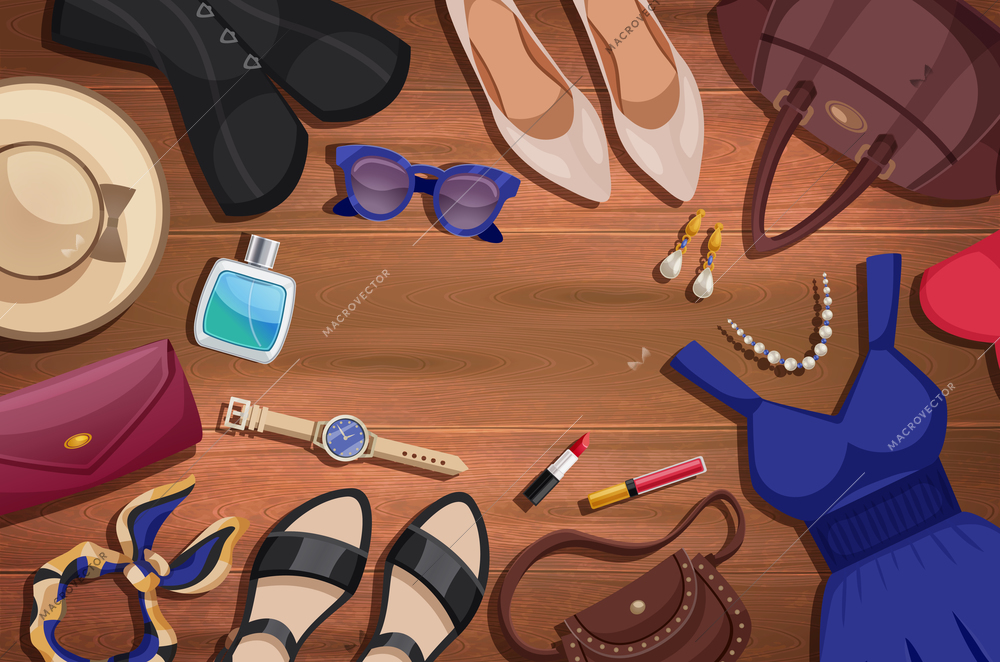 Colored women accessories illustration background with things and accessories lying on the floor vector illustration