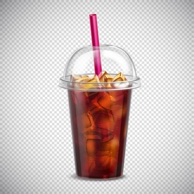 Cola with ice cubes and straw in takeaway cup realistic image on transparent background vector illustration