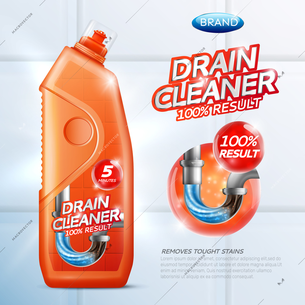 Colored drain cleaner poster with drain cleaner 100 percent result removes tought stains description vector illustration