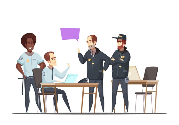 Police department design concept with employees on duty and visiting fbi officers  cartoon vector illustration