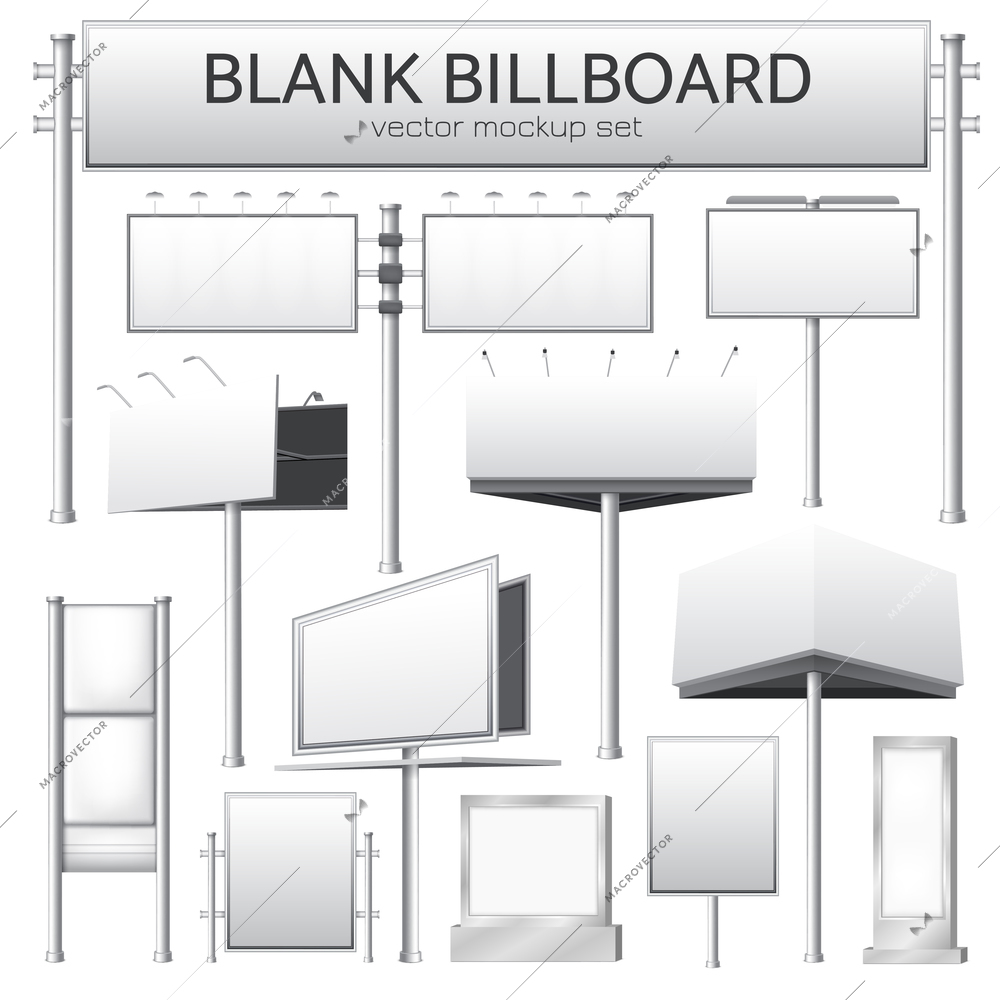 Realistic monochrome set of blank city rectangular billboard mockup for outdoor advertising banners or design isolated vector illustration