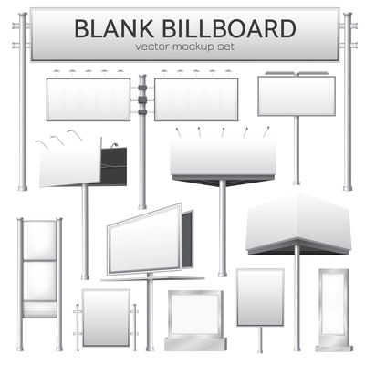 Realistic monochrome set of blank city rectangular billboard mockup for outdoor advertising banners or design isolated vector illustration