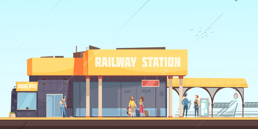 Railway station background booking office cleaner inspector and passengers waiting train on platform flat vector illustration