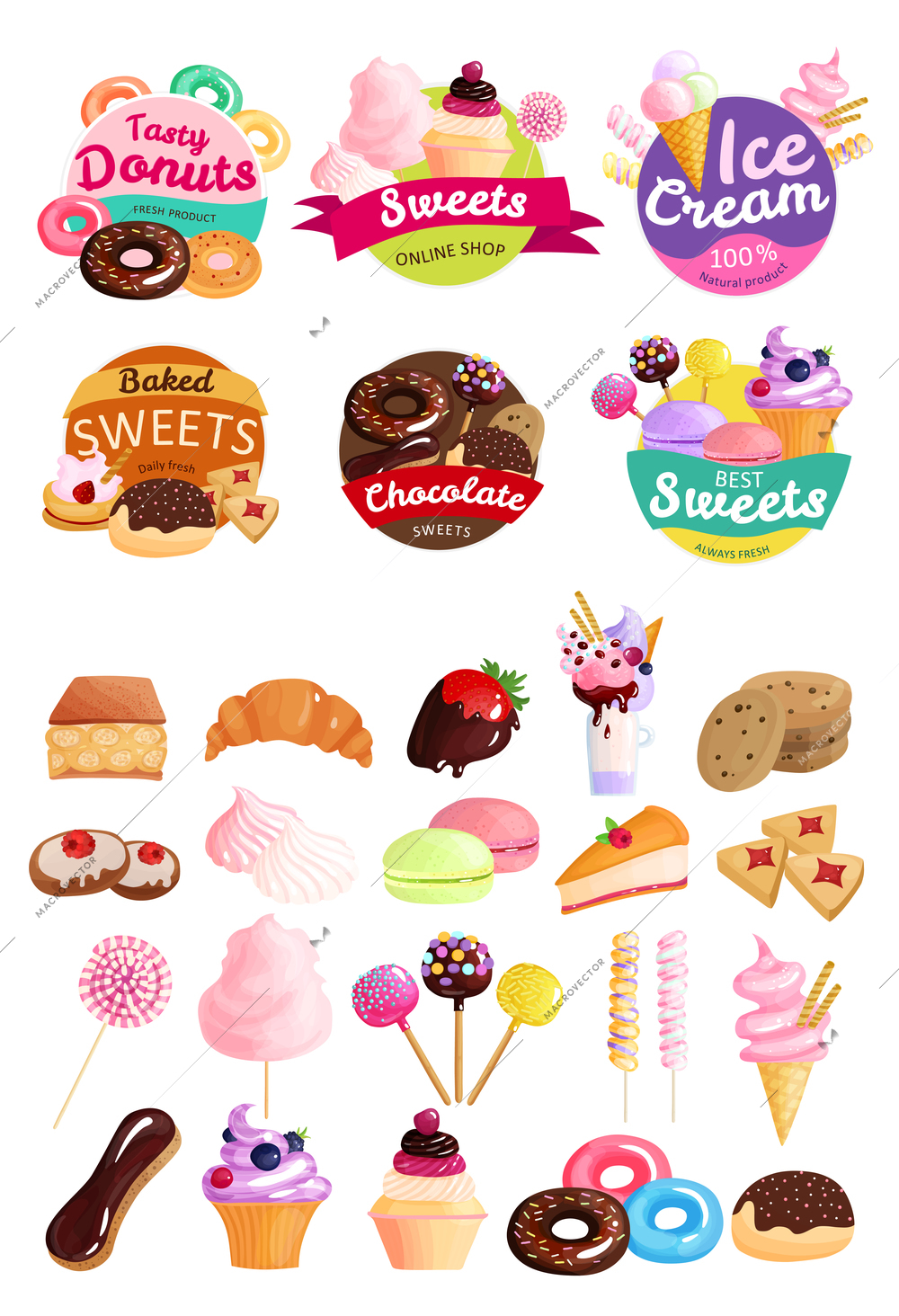 Isolated trendy sweets stickers icon set with tasty donuts sweets ice cream natural product baked sweets and other descriptions vector illustration