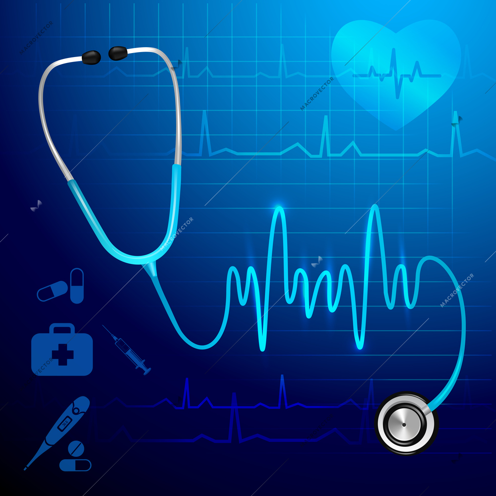 Medical health service stethoscope and heartbeat pulse line background vector illustration