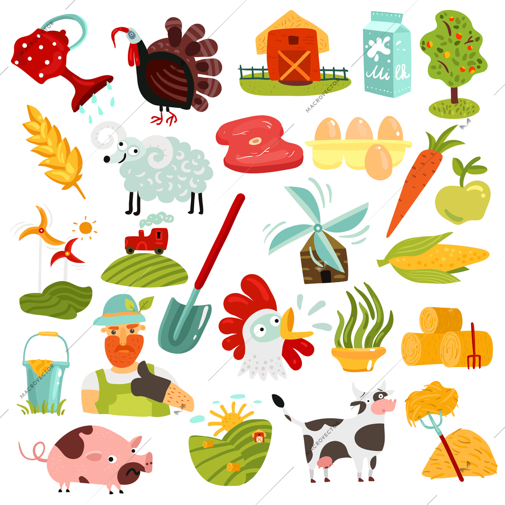 Set of farm elements with green fields and hay, harvest, animals, windmills, fresh products isolated vector illustration