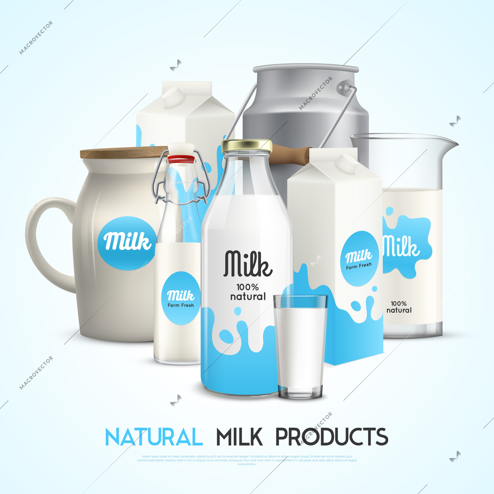 Milk product background with realistic images of branded milk packaging of different shape with editable text vector illustration