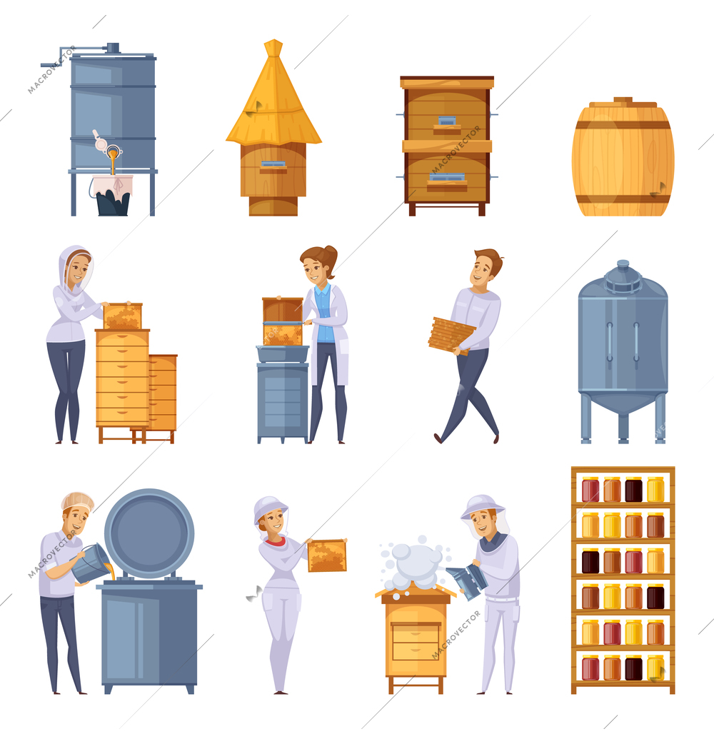 Apiary production cartoon icons set with beekeepers beehives honeycomb harvesting honey pitching and storage isolated vector illustration