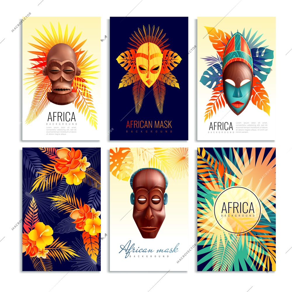 African masks cards collection of six vertical compositions with gradient leaf shapes and decorative text captions vector illustration