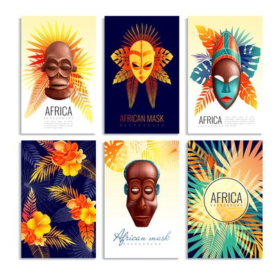 African masks cards collection of six vertical compositions with gradient leaf shapes and decorative text captions vector illustration