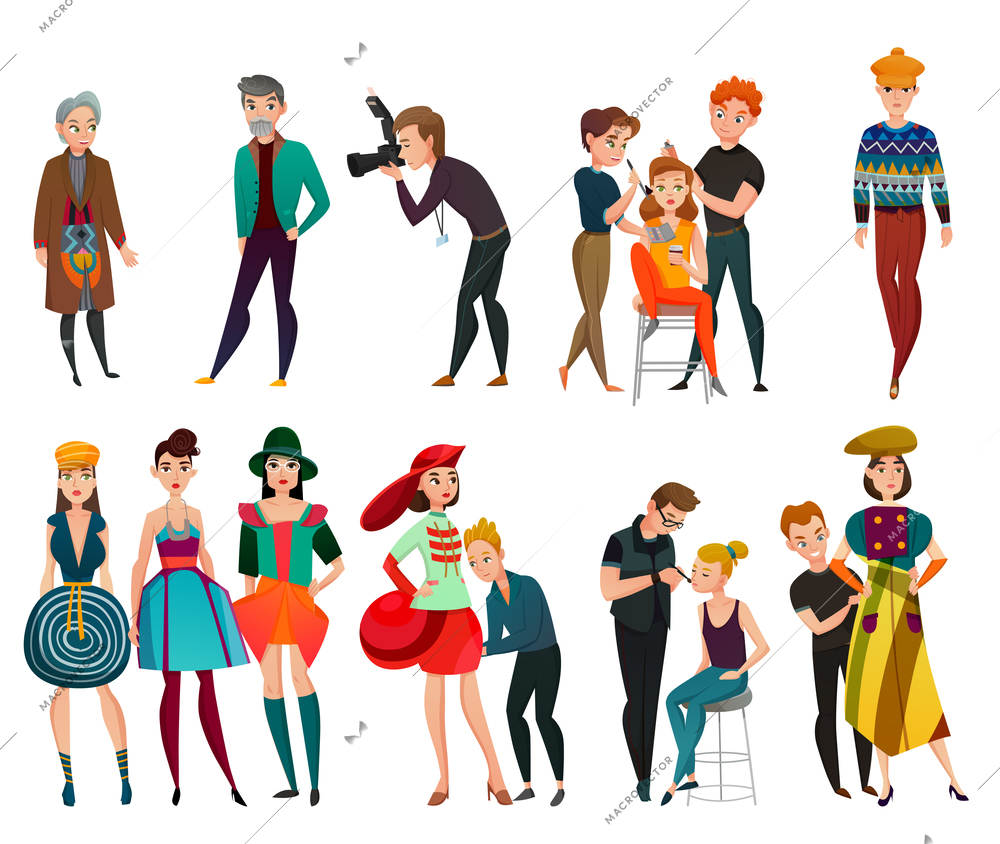 Set of people in fashion industry including models, designer, stylist photographer, makeup artist isolated vector illustration