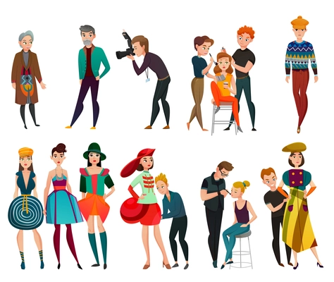 Set of people in fashion industry including models, designer, stylist photographer, makeup artist isolated vector illustration