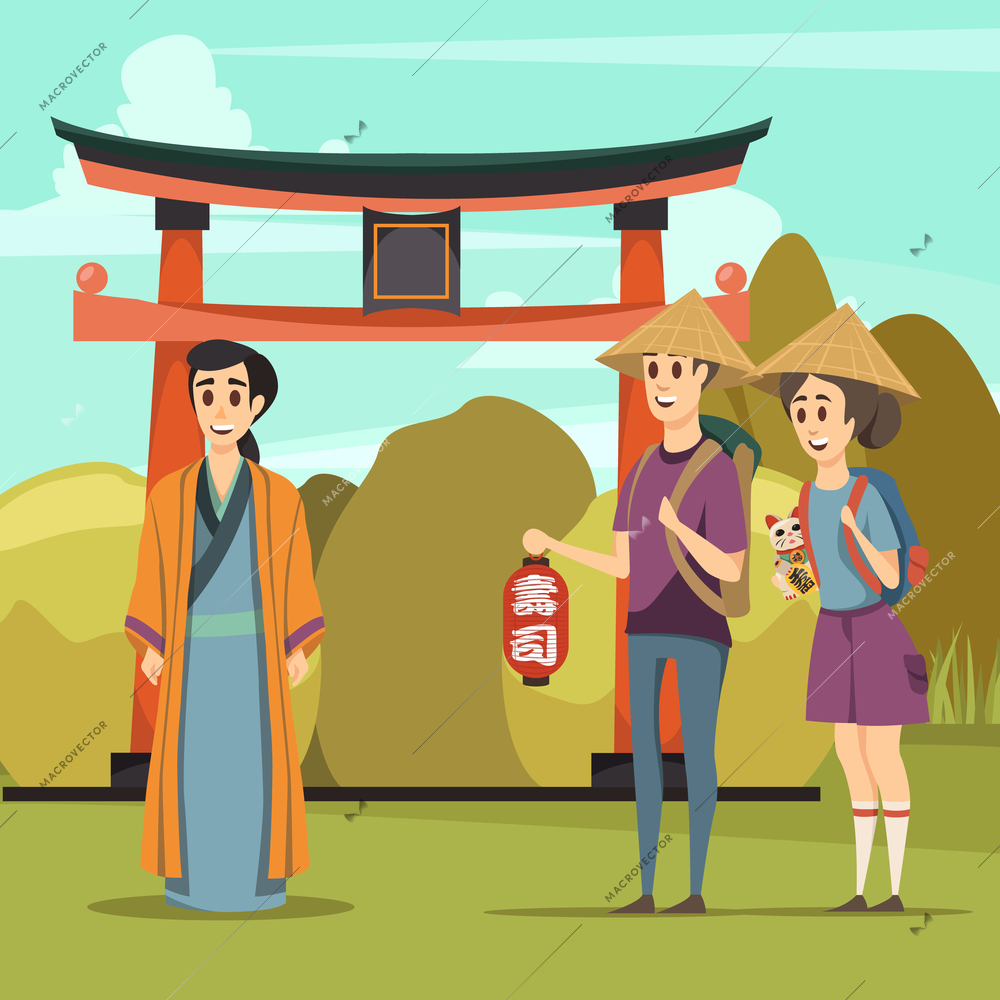 Japan travel orthogonal composition with gate traditional architecture element tourists and native in ethnic garment vector illustration