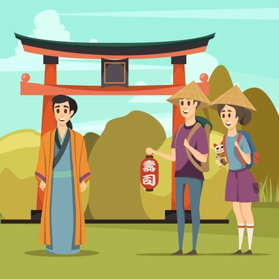 Japan travel orthogonal composition with gate traditional architecture element tourists and native in ethnic garment vector illustration