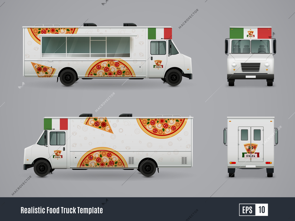 Food trucks realistic ad template design of meals on wheels car with side front and back views vector illustration