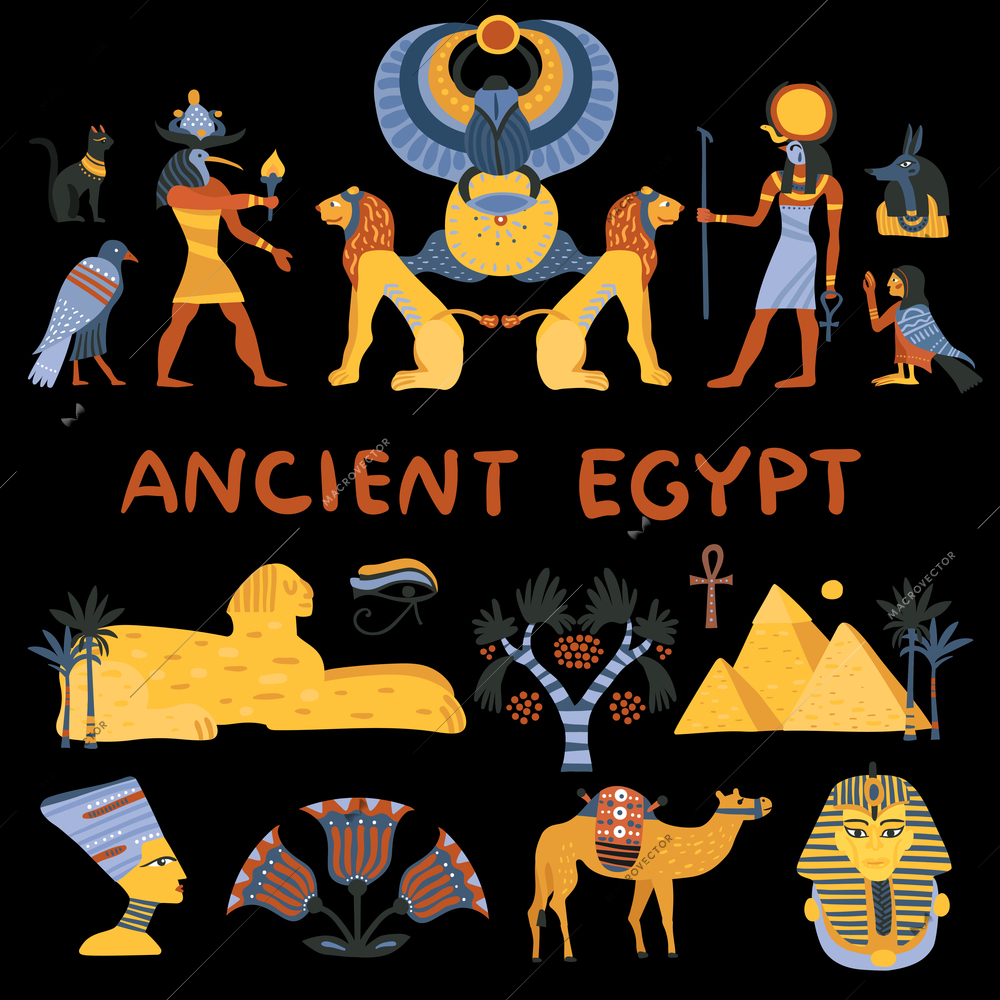 Ancient egypt set of decorative icons isolated on black background with religious and tourist symbols vector illustration