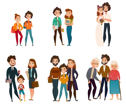 Family development stages set including couple in childhood, during wedding, parenting, old age isolated vector illustration