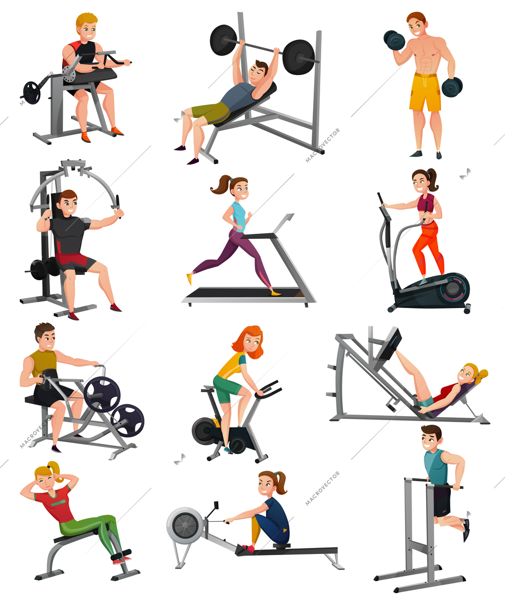 Set of exercise equipment with people including treadmill, bench press, elliptical trainer, gym bike isolated vector illustration