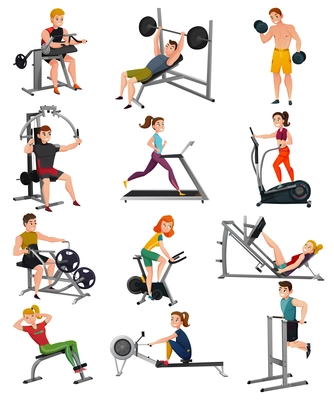 Set of exercise equipment with people including treadmill, bench press, elliptical trainer, gym bike isolated vector illustration