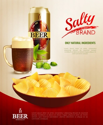 Salty snacks composition with images of can and glass of beer and chips dish with text vector illustration