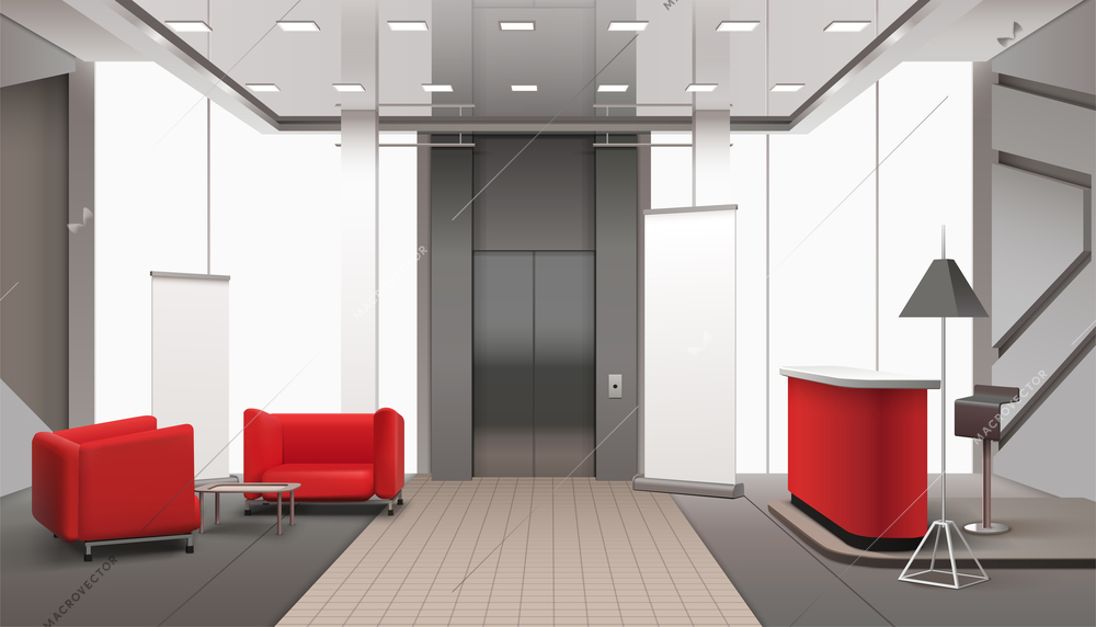 Lobby interior realistic composition with red sofa elevator doors lamps with shades and daylight windows vector illustration