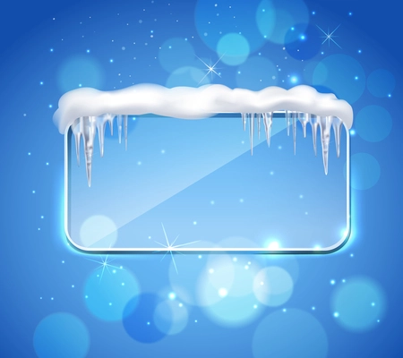 Rectangular glass pane frame with rounded corners and icicles on top realistic image blue bubbles background vector illustration