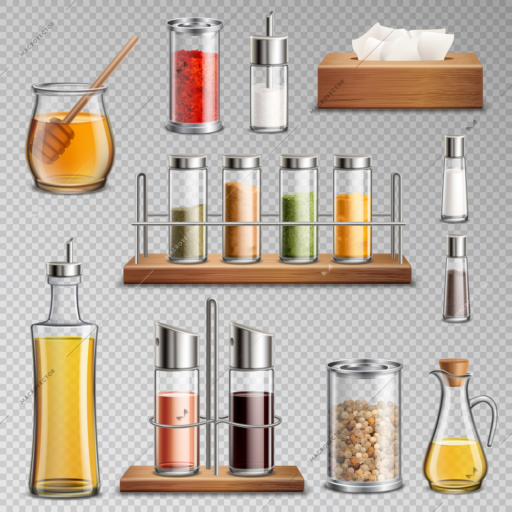 Seasoning spices herbs kitchen racks cooking oil carafe  sugar dispenser and honey jar realistic set transparent vector illustration