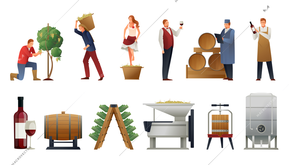 Wine production gradient set with people and bottles flat isolated vector illustration