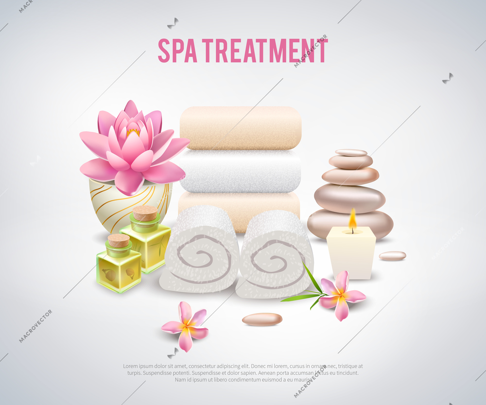 SPA treatment white poster with ingredients for stone and aroma therapy lotus flower and healing oils decorative elements realistic vector illustration