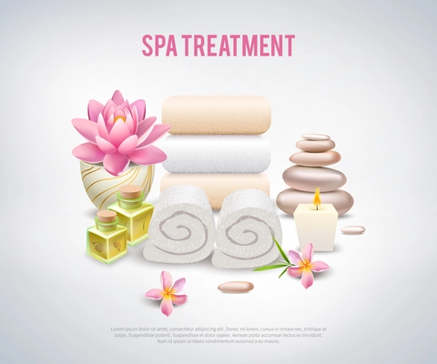 SPA treatment white poster with ingredients for stone and aroma therapy lotus flower and healing oils decorative elements realistic vector illustration