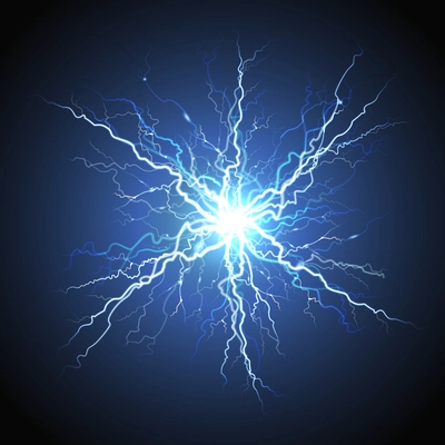 Electric lightning bright luminous starburst atmosphere phenomenon on night sky blue decorative background realistic image vector illustration