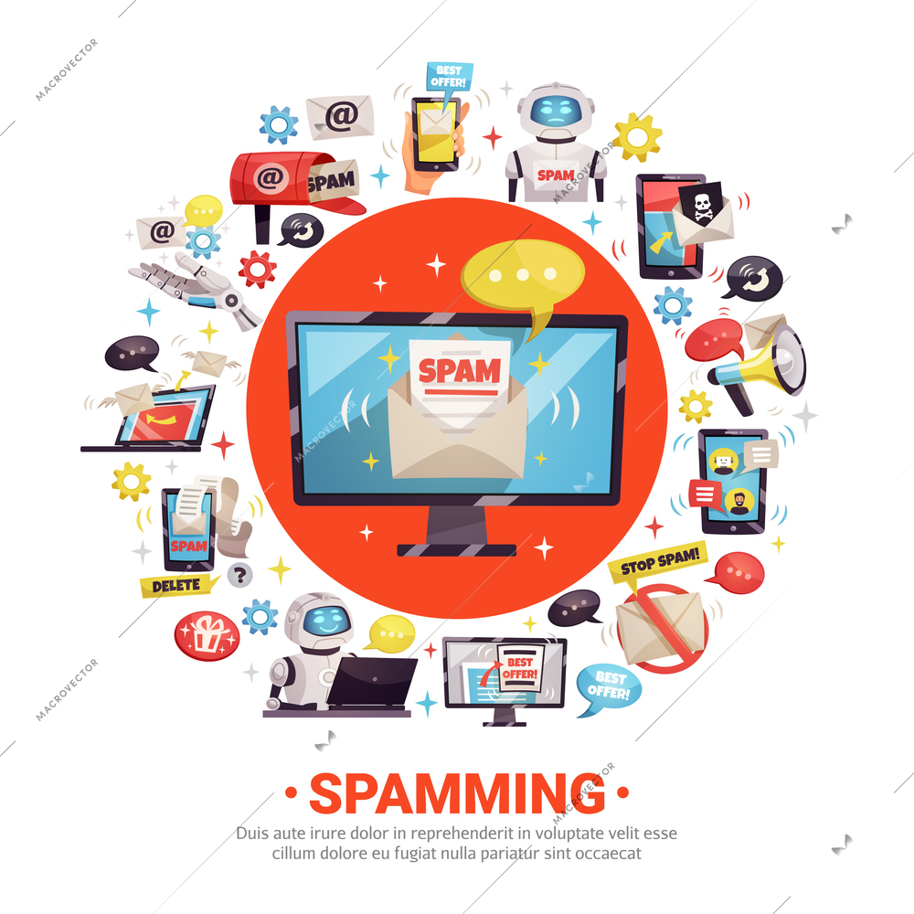 Mail spamming round design concept with computer envelope with spam document robot send malware decorative icons cartoon vector illustration