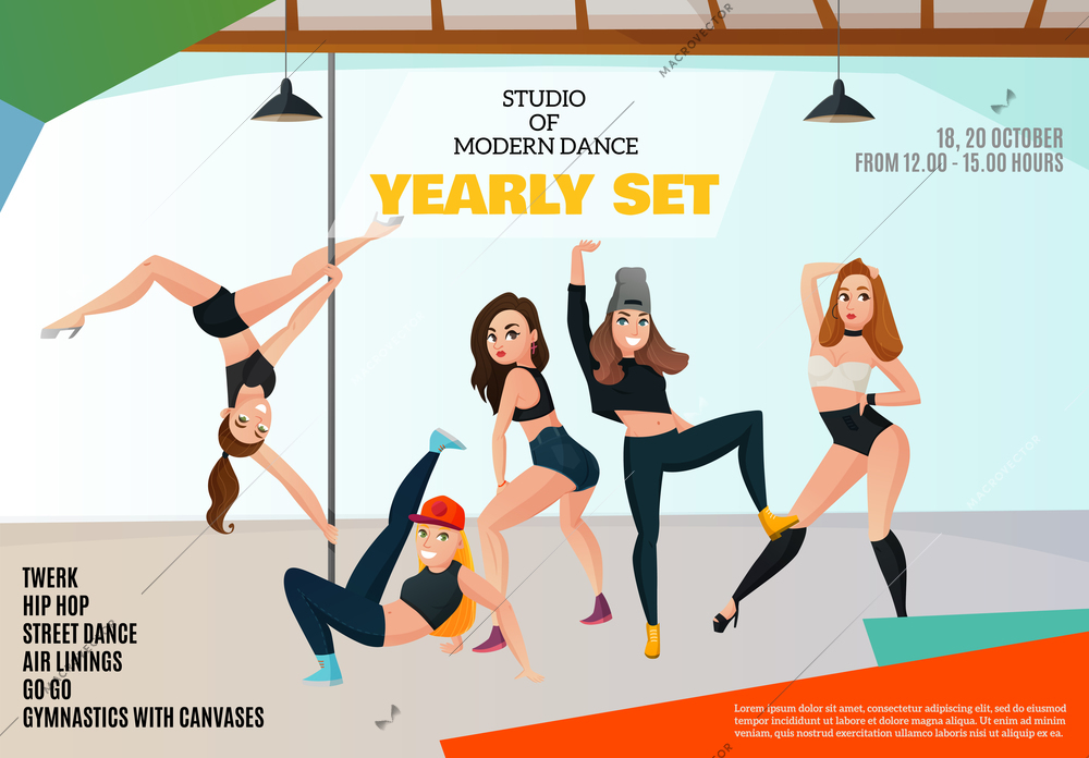 Studio of modern dance types advertising poster with girls in various positions on light background vector illustration