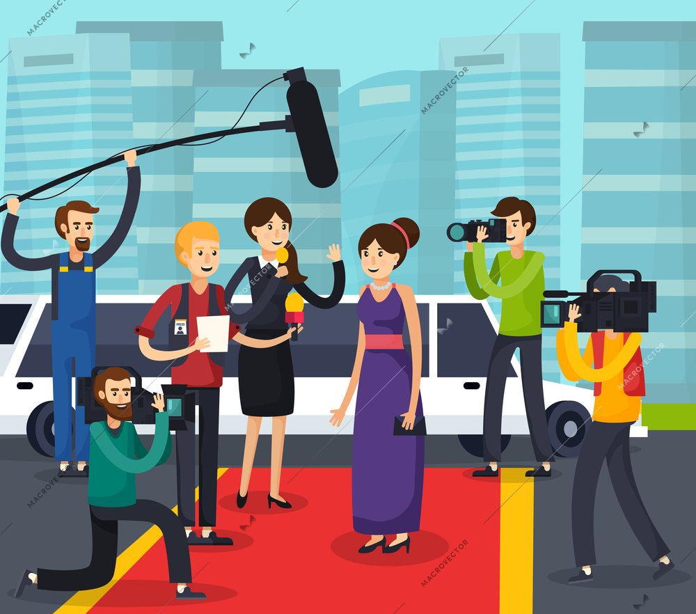 Orthogonal composition with reporters, cameramen and photographers near celebrity on red carpet on city background vector illustration