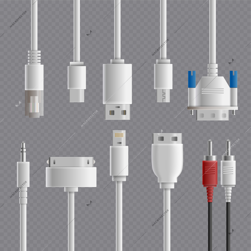 Realistic cable connectors types transparent set with images of computer and multimedia connectors on transparent background vector illustration