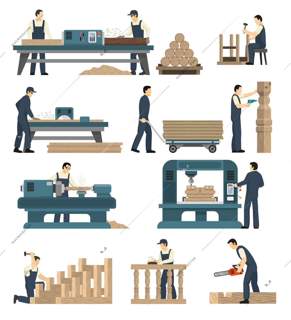 Carpentry factory set of isolated image compositions with woodworking machinery and human characters attending to machines vector illustration