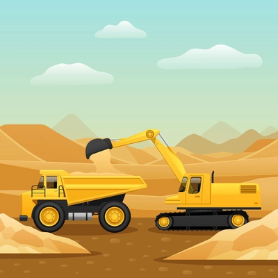 Construction machinery for ground works composition with excavator loading dumper truck with sand flat vector illustration