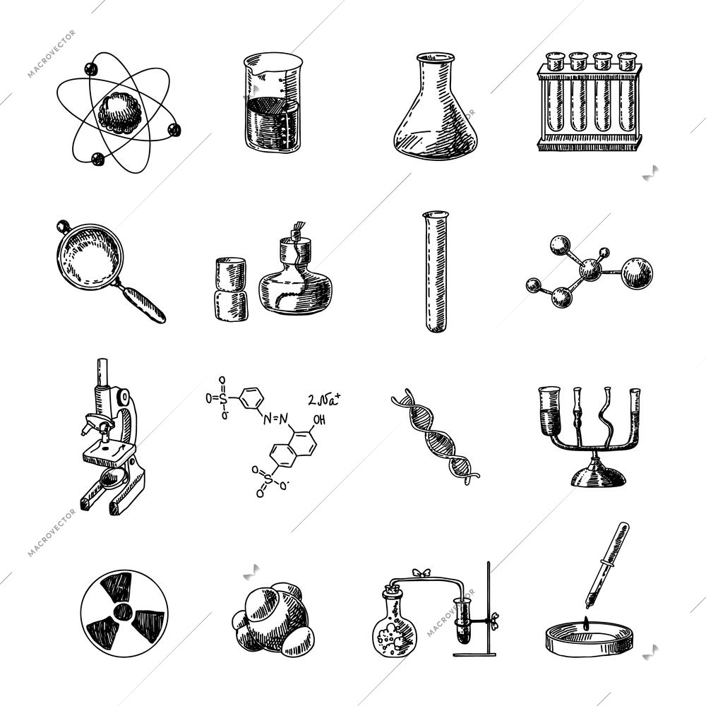 Scientific chemistry laboratory equipment of retort glass holder dna symbols doodle sketch icons set isolated vector illustration