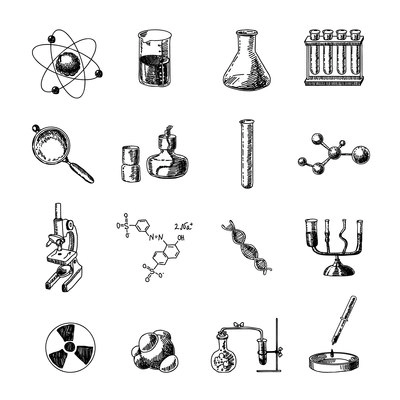 Scientific chemistry laboratory equipment of retort glass holder dna symbols doodle sketch icons set isolated vector illustration