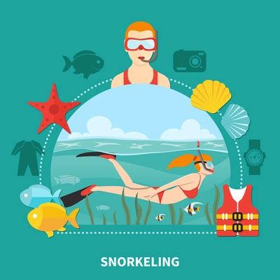 Snorkeling composition with woman swimming with mask, tube and fins between seaweeds on turquoise background vector illustration