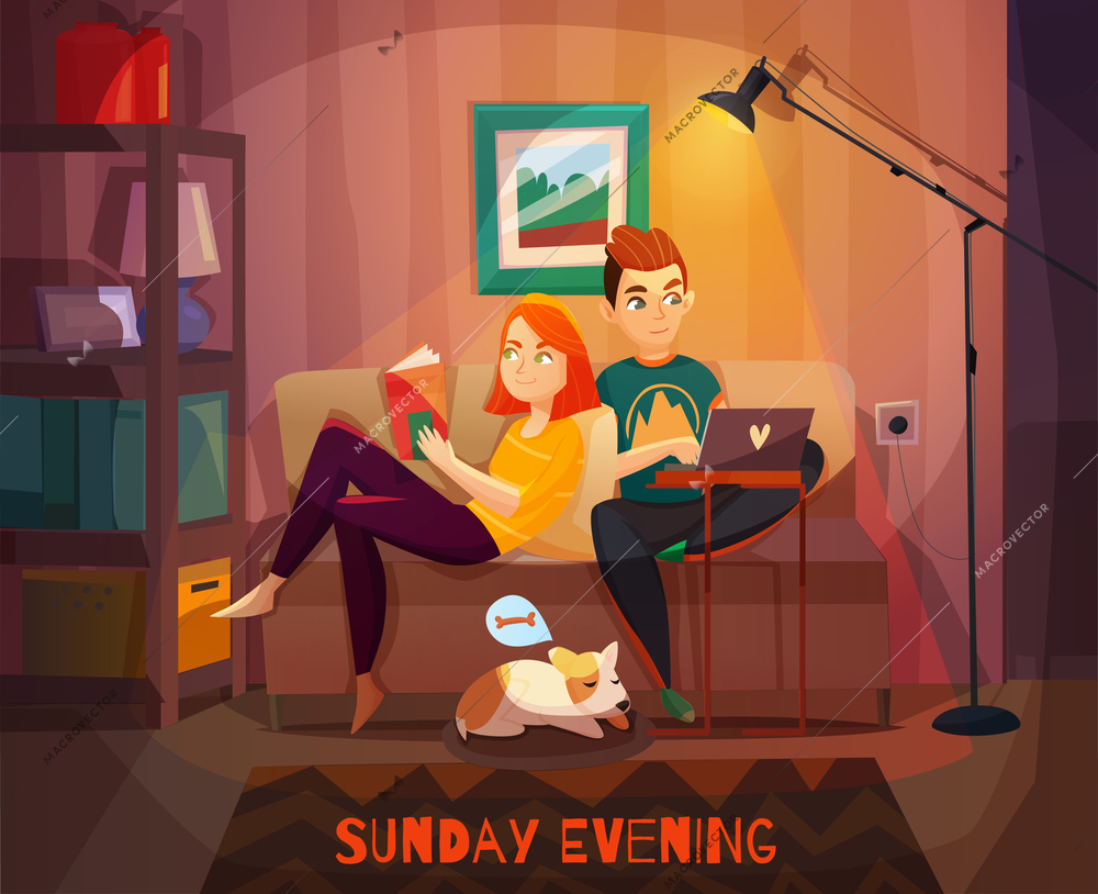 Evening rest of couple scene with man  and woman on sofa and dog on mat vector illustration