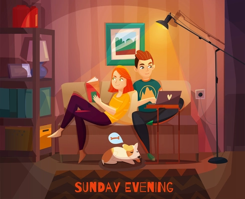 Evening rest of couple scene with man  and woman on sofa and dog on mat vector illustration